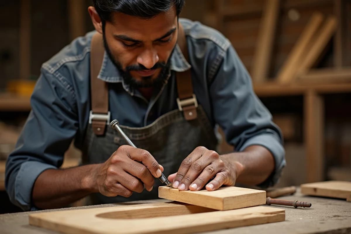 Master woodworker chiseling mortise and tenon joinery from solid seasoned teak